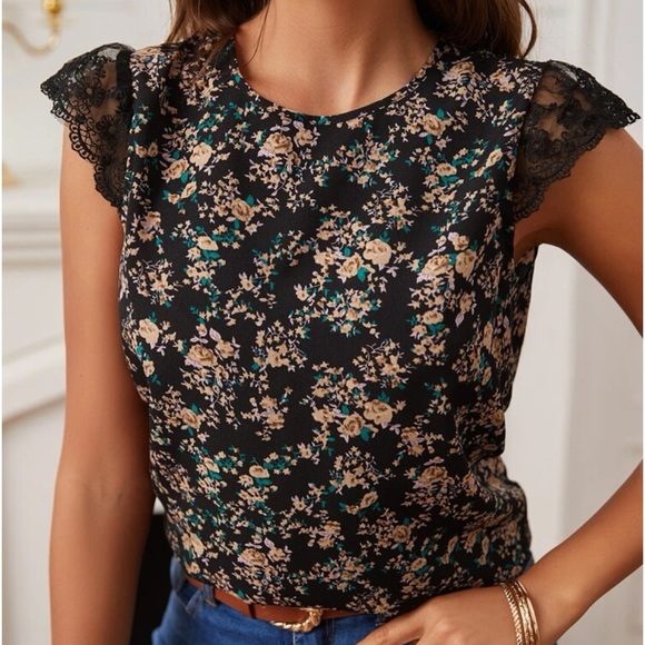 Boho Floral Print Lace Top Blouse shirt - Picture 6 of 8